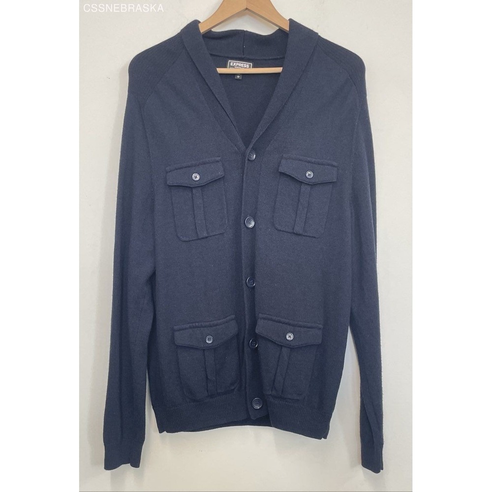 Express Modern Fit‎ Navy Blue Extra Fine Merino Wool Pocketed Cardigan - Size L
